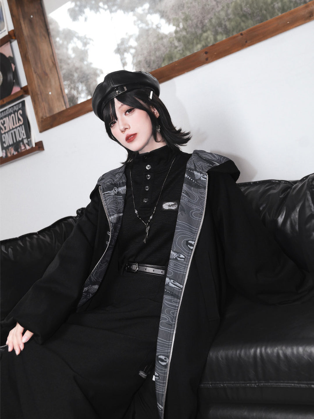 Black Raised Whale Skeleton Hooded Longline Jacket