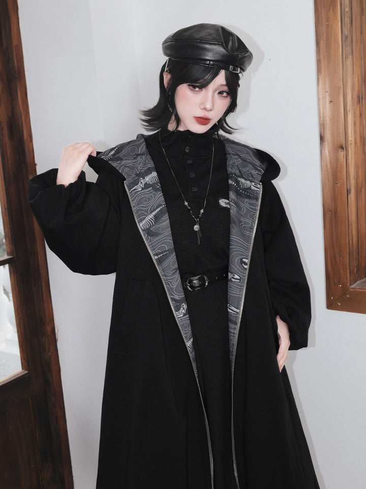 Black Raised Whale Skeleton Hooded Longline Jacket