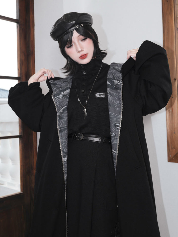 Black Raised Whale Skeleton Hooded Longline Jacket