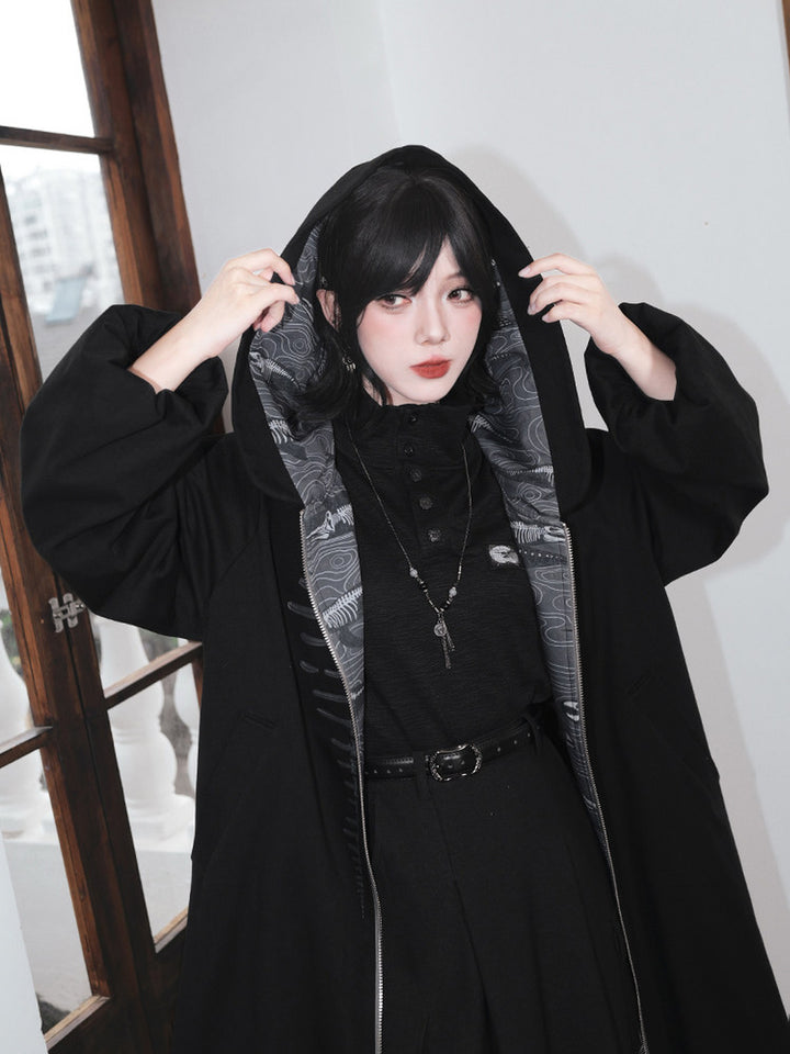 Black Raised Whale Skeleton Hooded Longline Jacket
