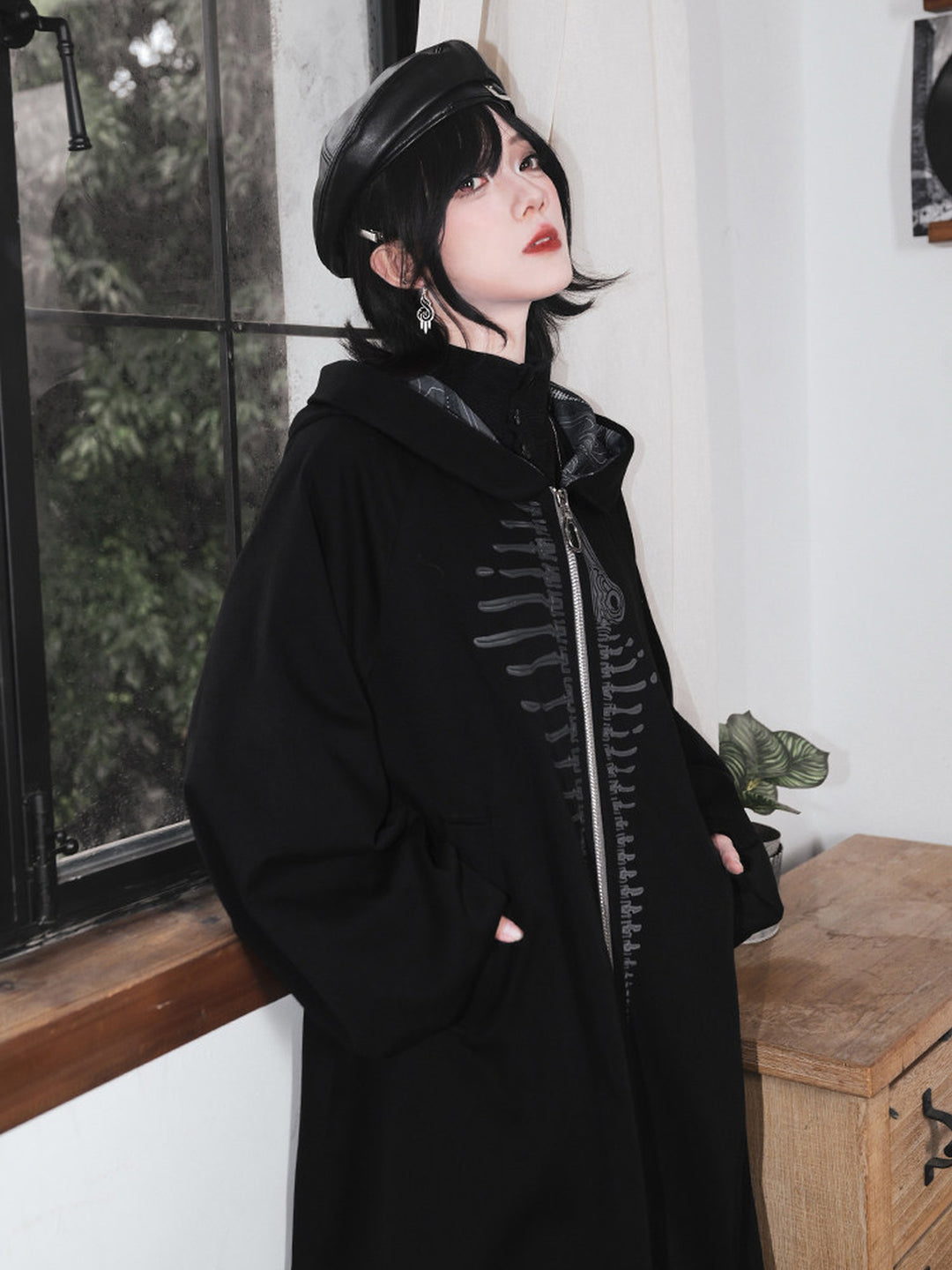 Black Raised Whale Skeleton Hooded Longline Jacket