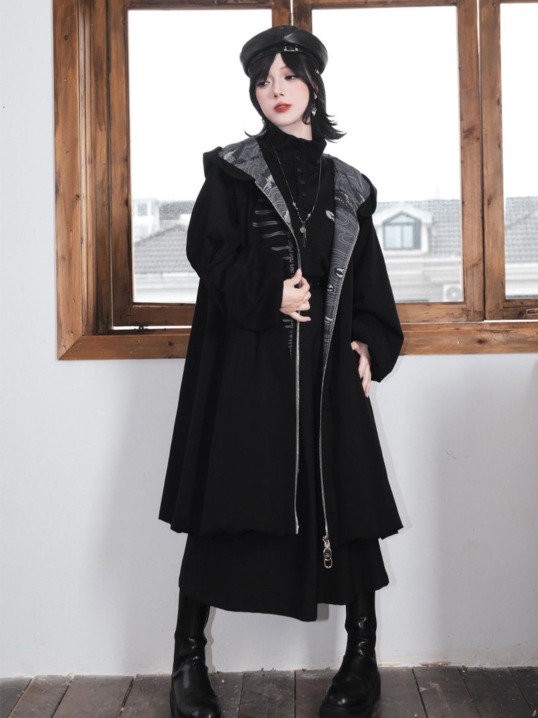 Black Raised Whale Skeleton Hooded Longline Jacket