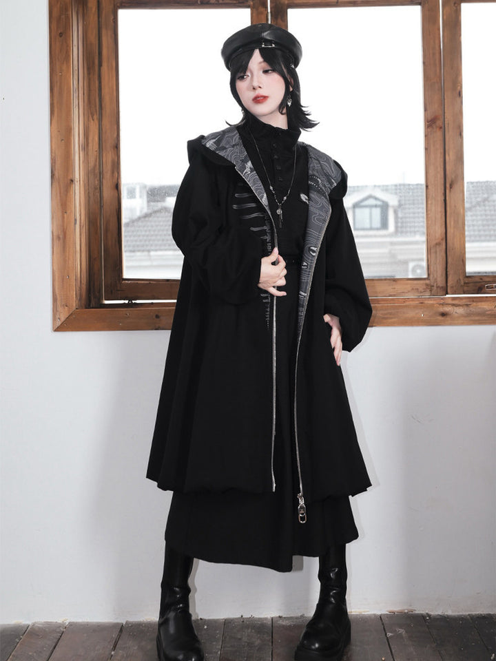 Black Raised Whale Skeleton Hooded Longline Jacket