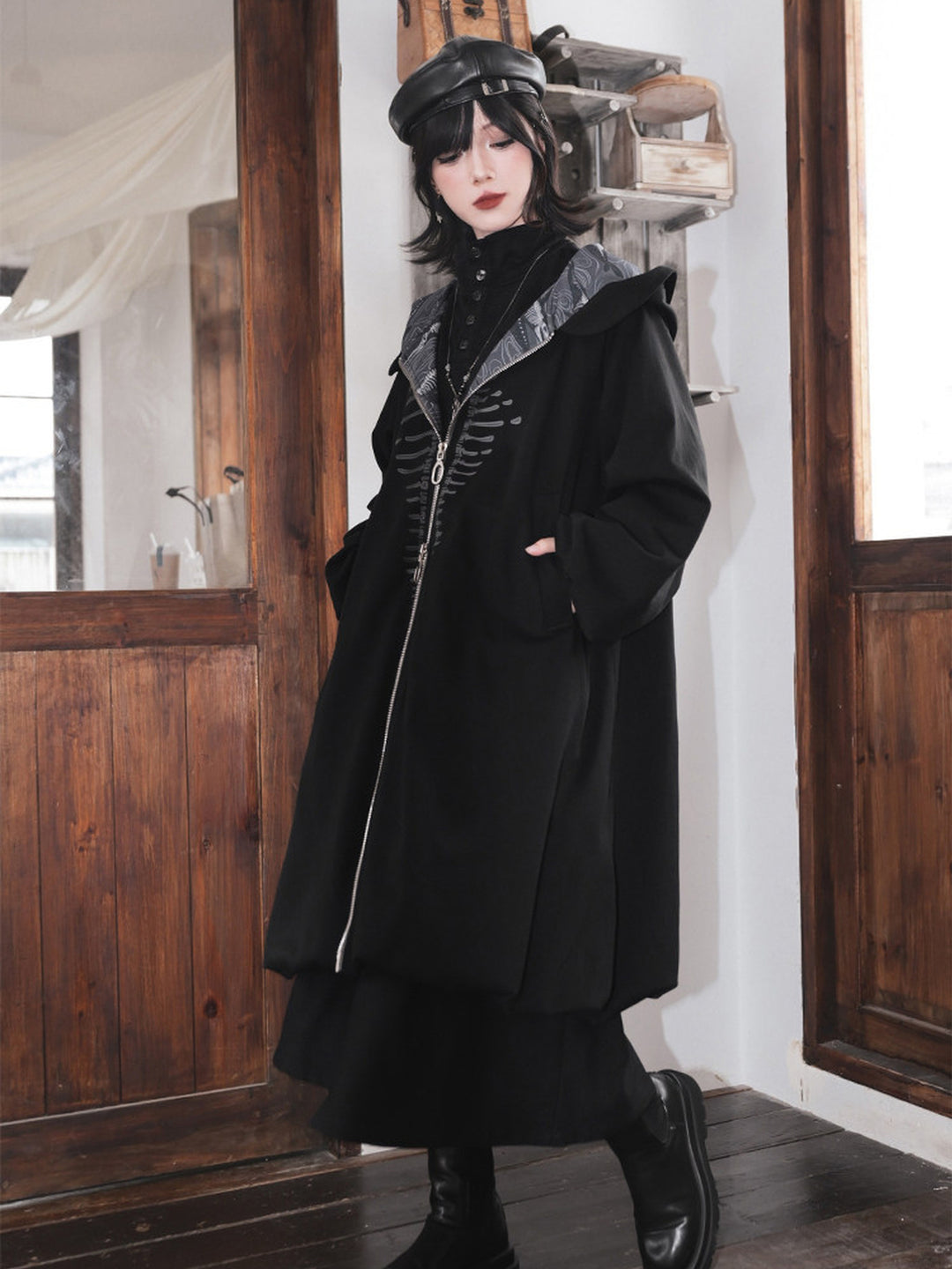 Black Raised Whale Skeleton Hooded Longline Jacket