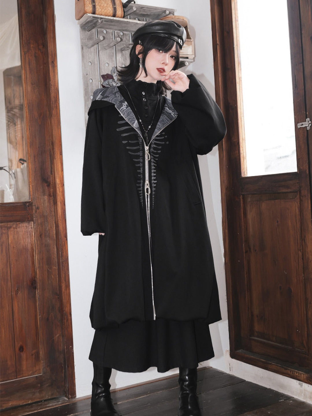 Black Raised Whale Skeleton Hooded Longline Jacket