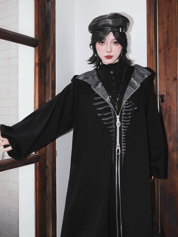 Black Raised Whale Skeleton Hooded Longline Jacket