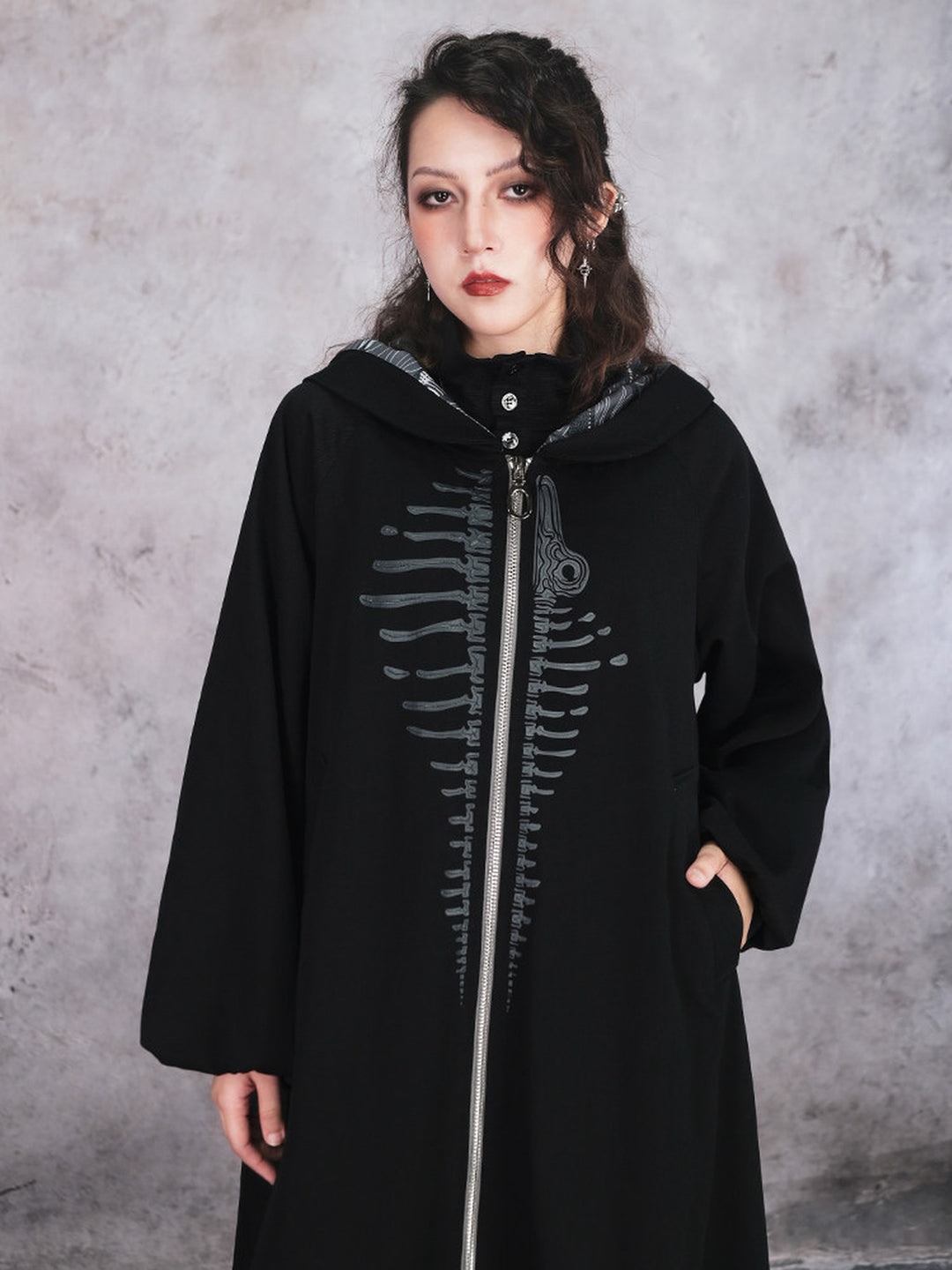 Black Raised Whale Skeleton Hooded Longline Jacket