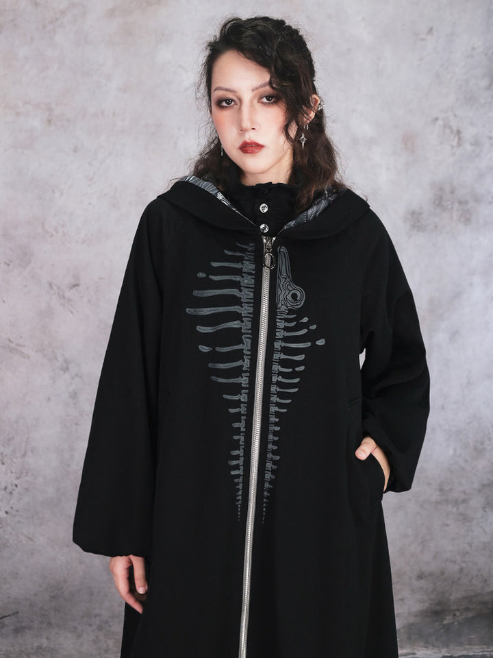 Black Raised Whale Skeleton Hooded Longline Jacket