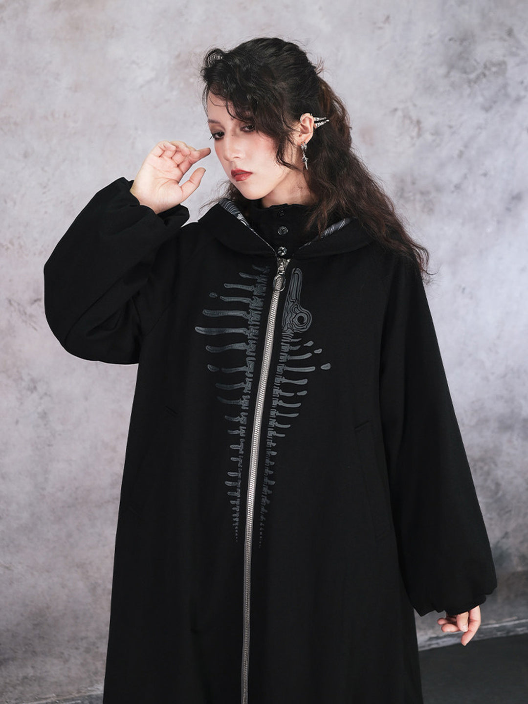 Black Raised Whale Skeleton Hooded Longline Jacket