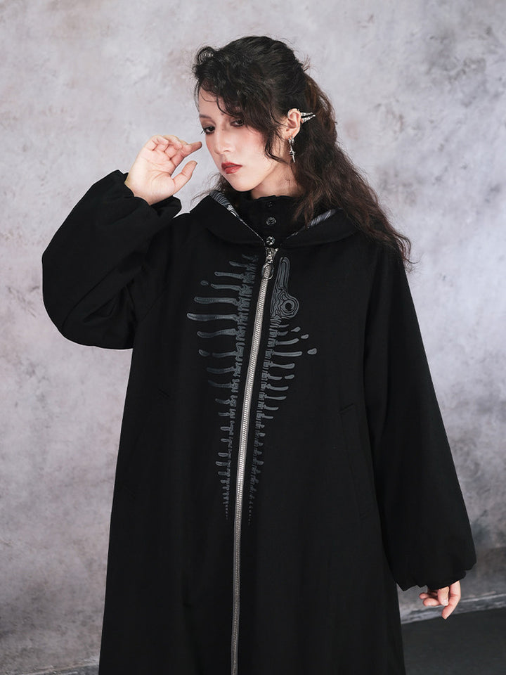 Black Raised Whale Skeleton Hooded Longline Jacket