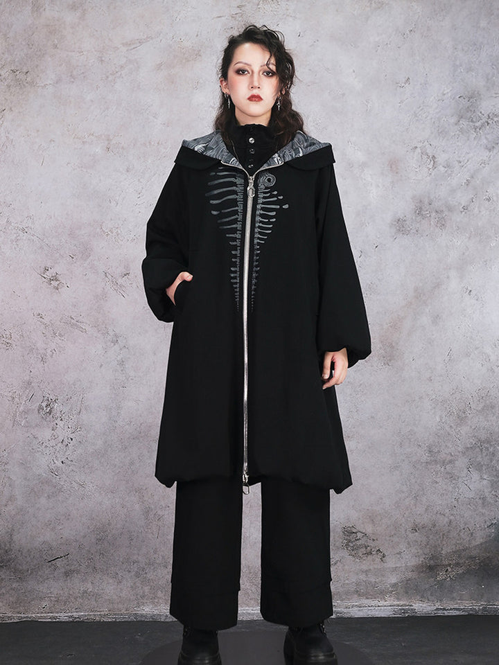 Black Raised Whale Skeleton Hooded Longline Jacket