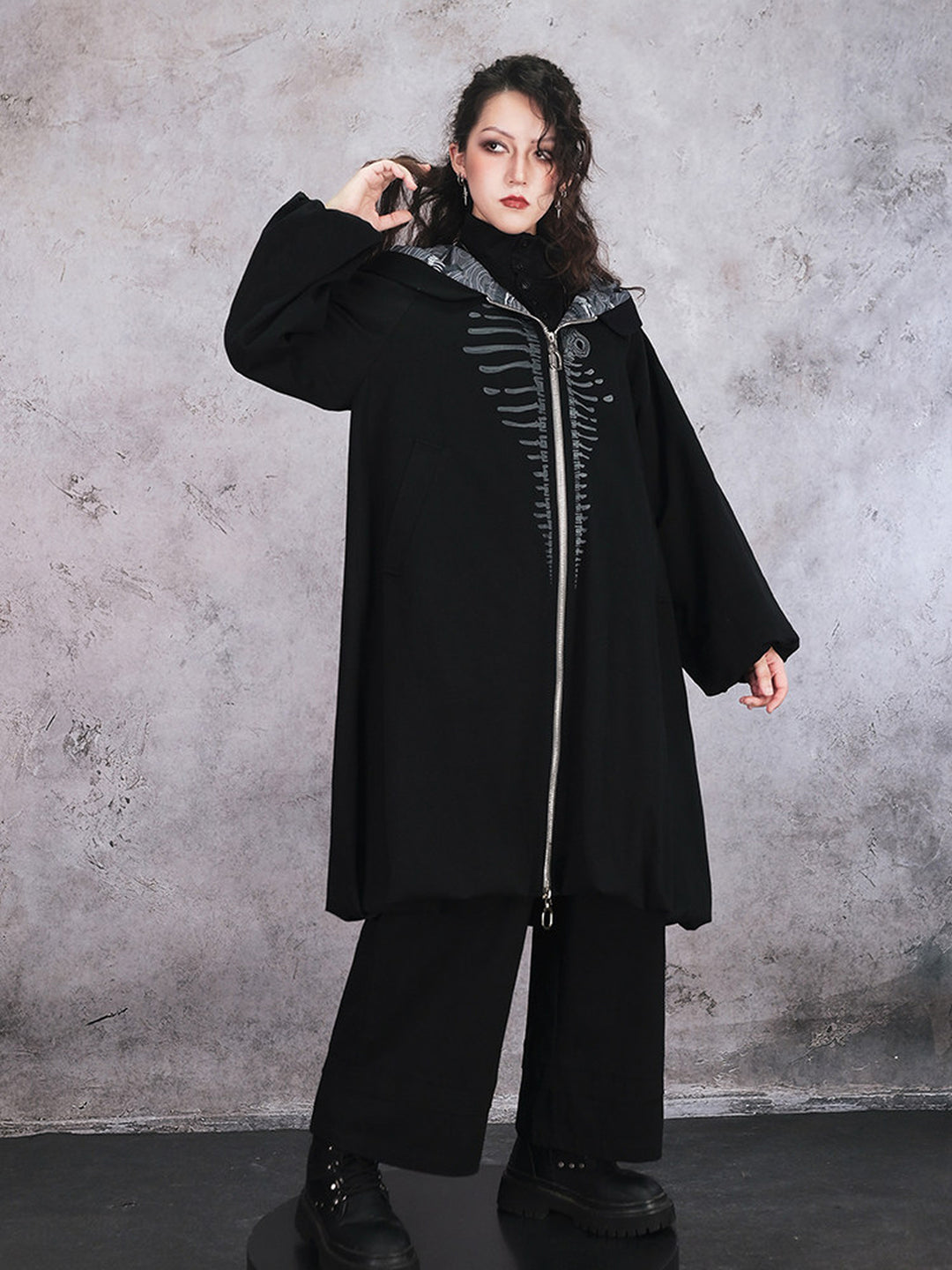 Black Raised Whale Skeleton Hooded Longline Jacket