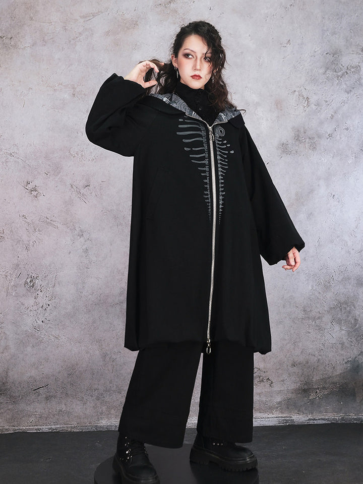 Black Raised Whale Skeleton Hooded Longline Jacket