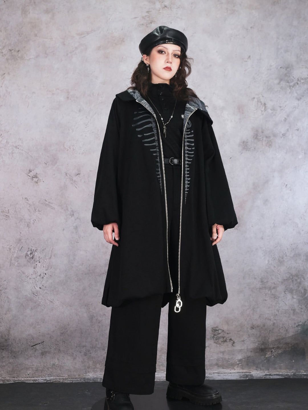 Black Raised Whale Skeleton Hooded Longline Jacket