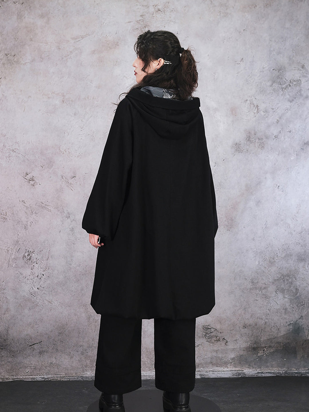Black Raised Whale Skeleton Hooded Longline Jacket