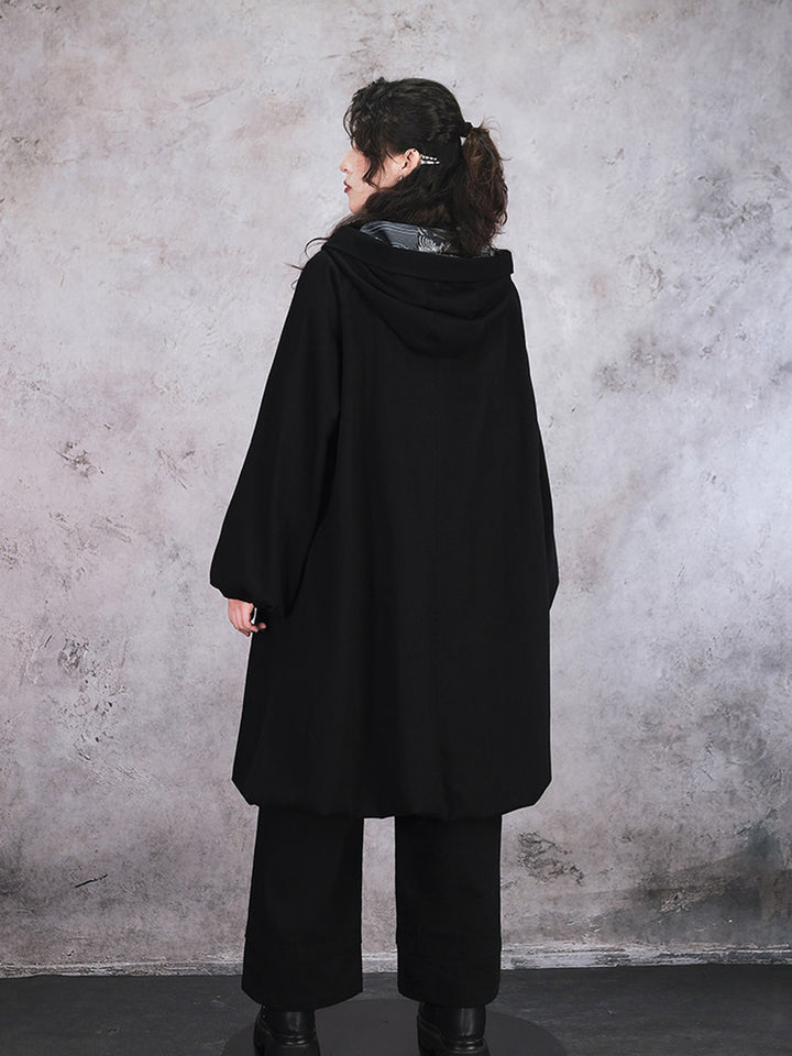 Black Raised Whale Skeleton Hooded Longline Jacket