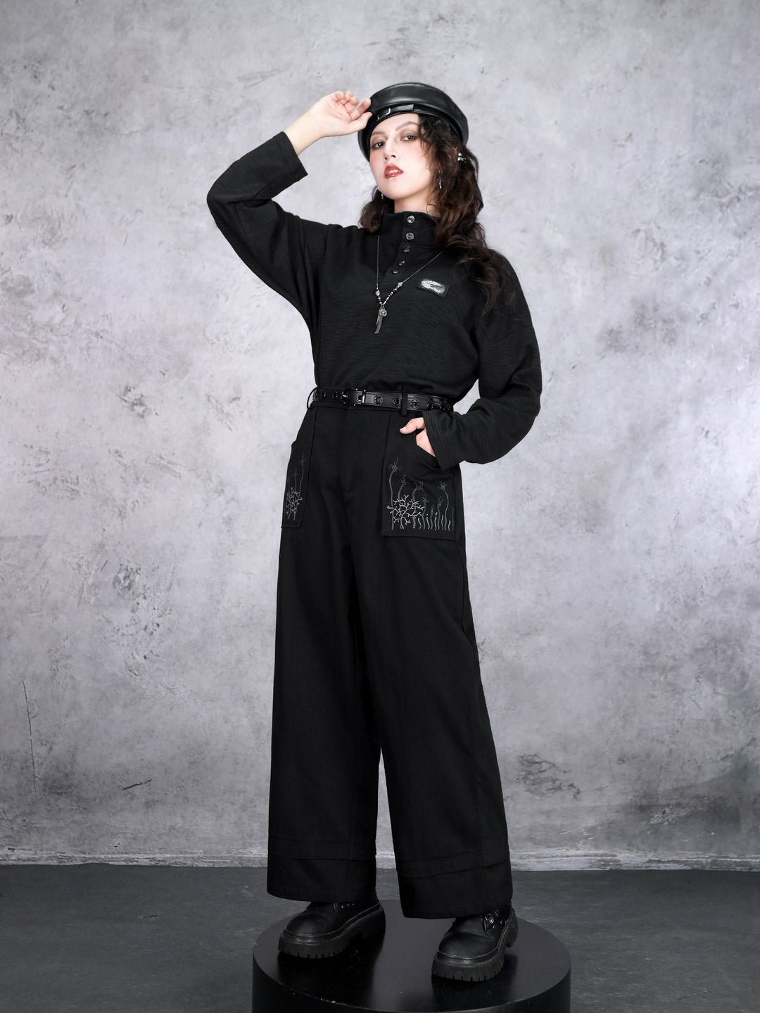 Black Whale Fall Graphic Pocket Wide-Leg Pants