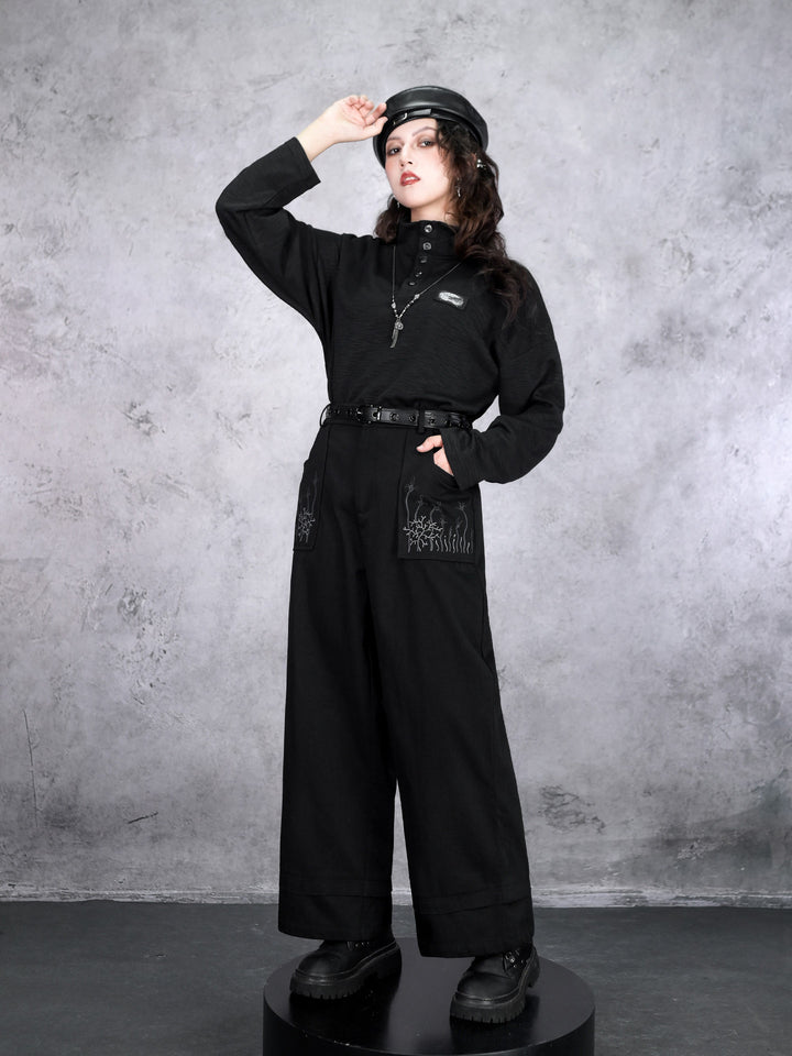 Black Whale Fall Graphic Pocket Wide-Leg Pants