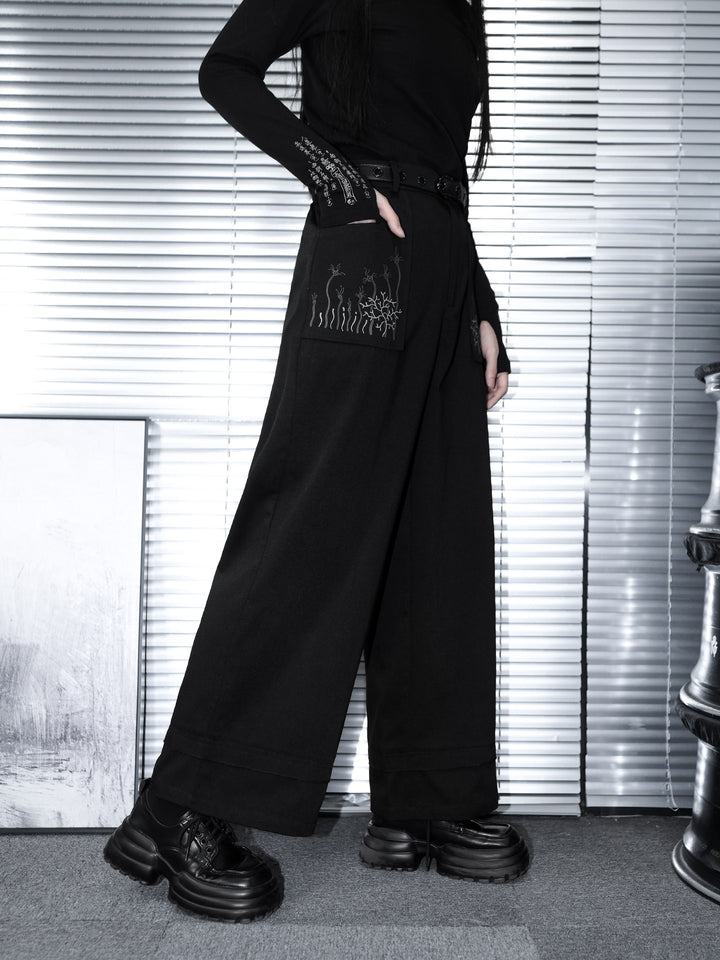 Black Whale Fall Graphic Pocket Wide-Leg Pants