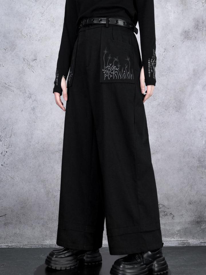 Black Whale Fall Graphic Pocket Wide-Leg Pants
