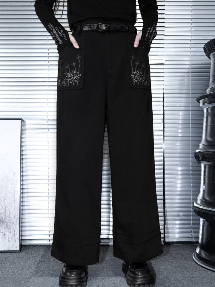 Black Whale Fall Graphic Pocket Wide-Leg Pants
