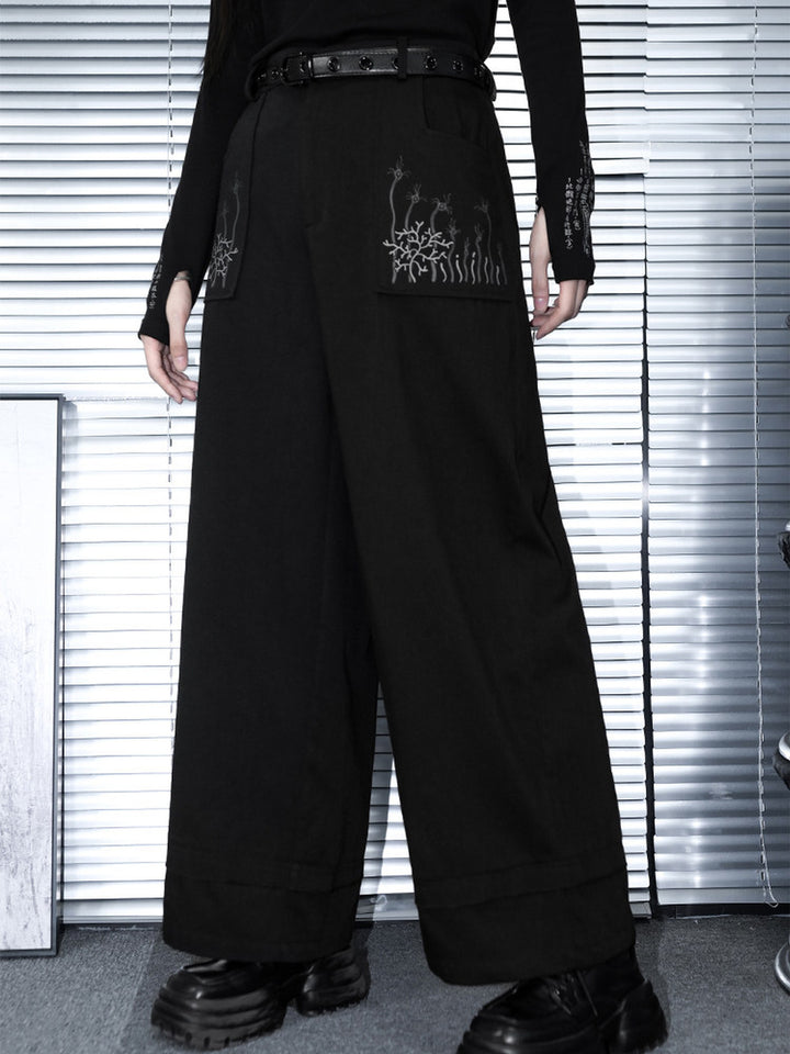 Black Whale Fall Graphic Pocket Wide-Leg Pants