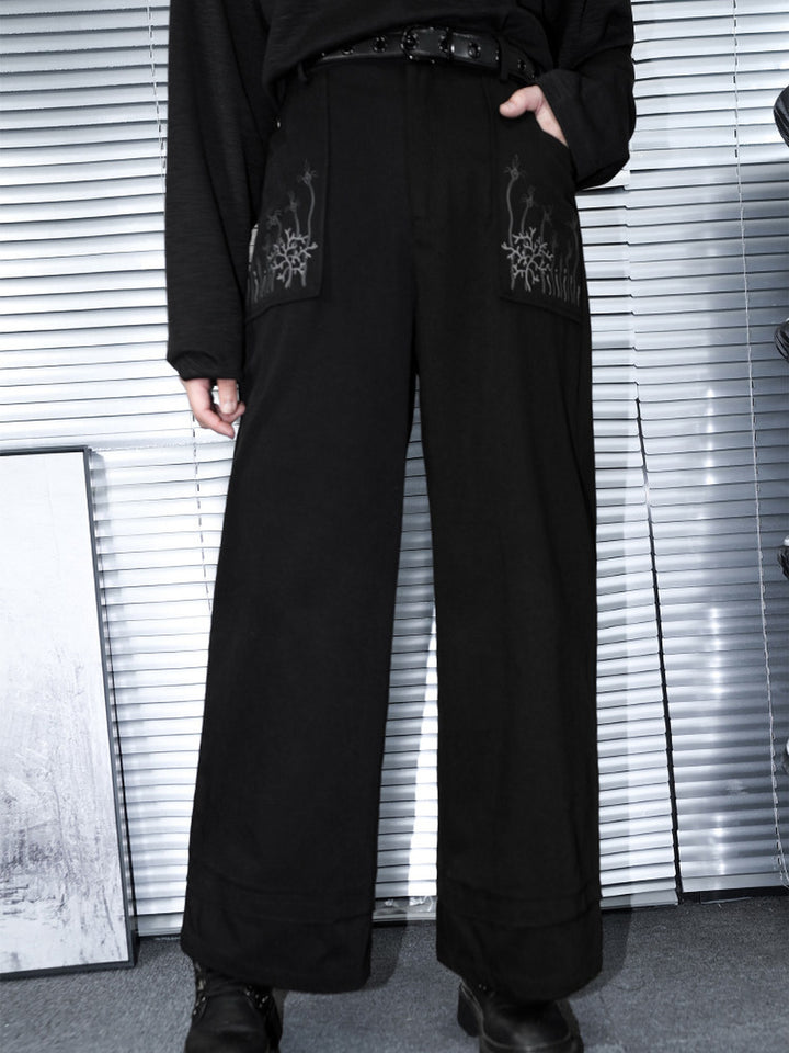 Black Whale Fall Graphic Pocket Wide-Leg Pants