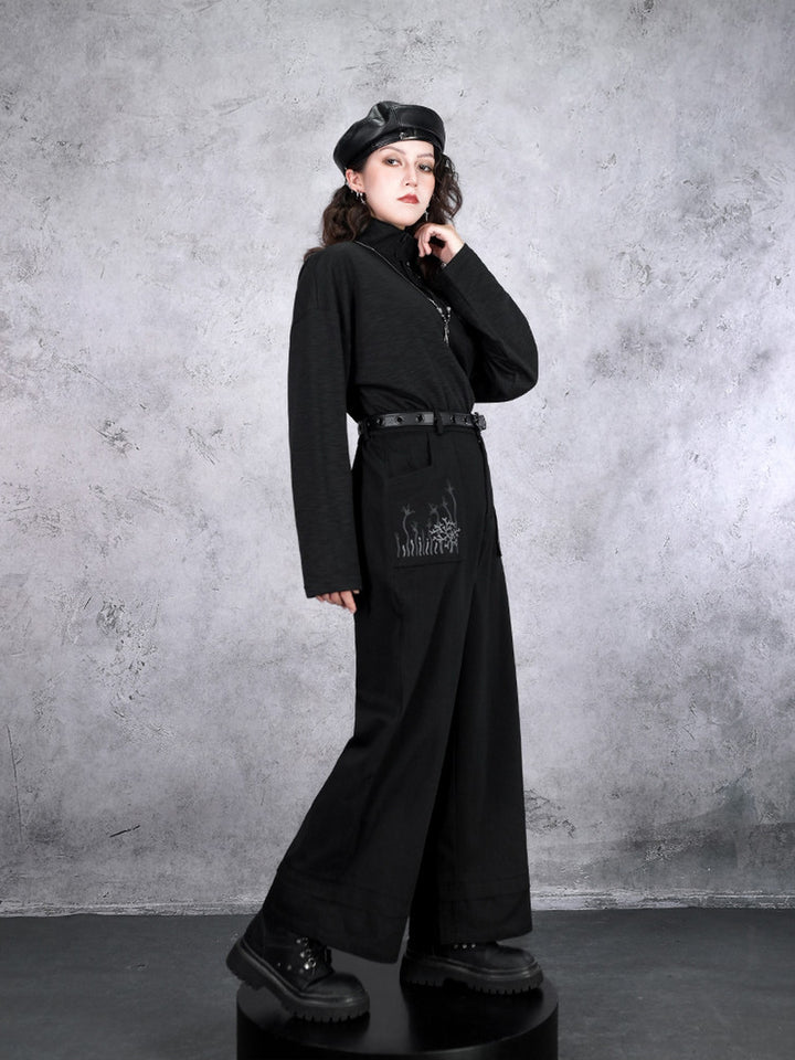 Black Whale Fall Graphic Pocket Wide-Leg Pants