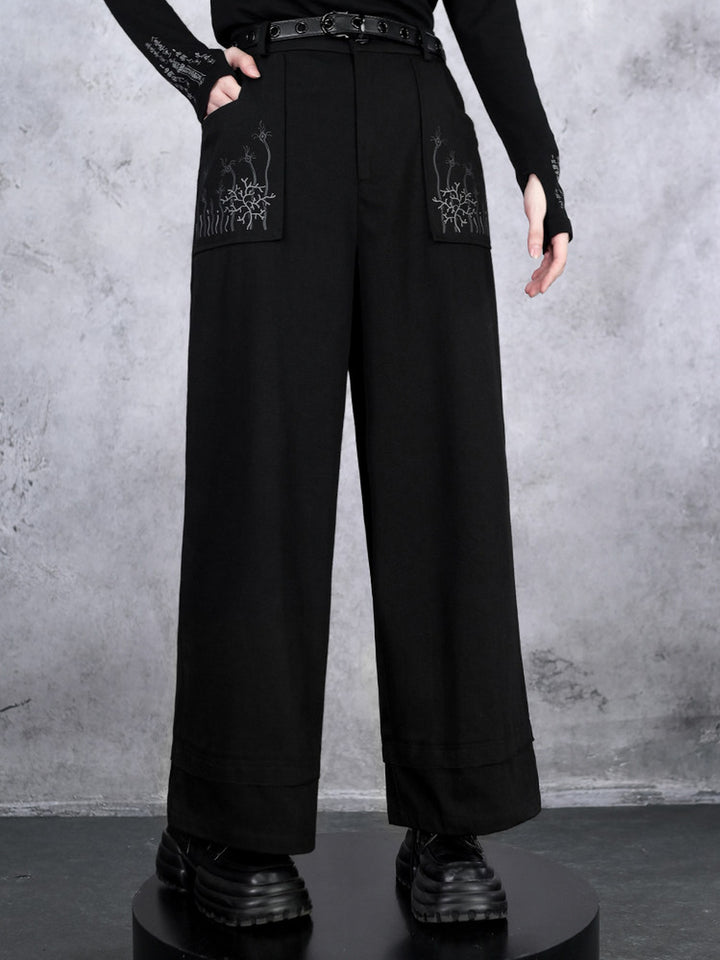 Black Whale Fall Graphic Pocket Wide-Leg Pants