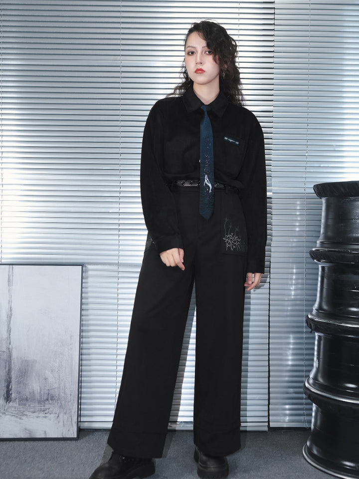 Black Whale Fall Graphic Pocket Wide-Leg Pants