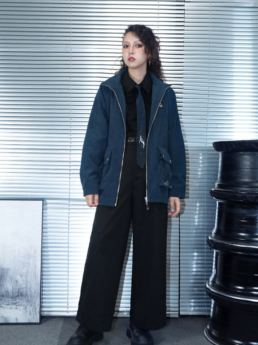 Black Whale Fall Graphic Pocket Wide-Leg Pants