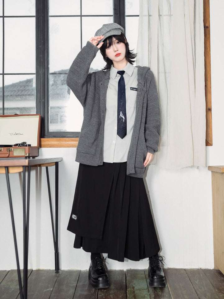 Black Whale Patch Layered Pleated Maxi Skirt