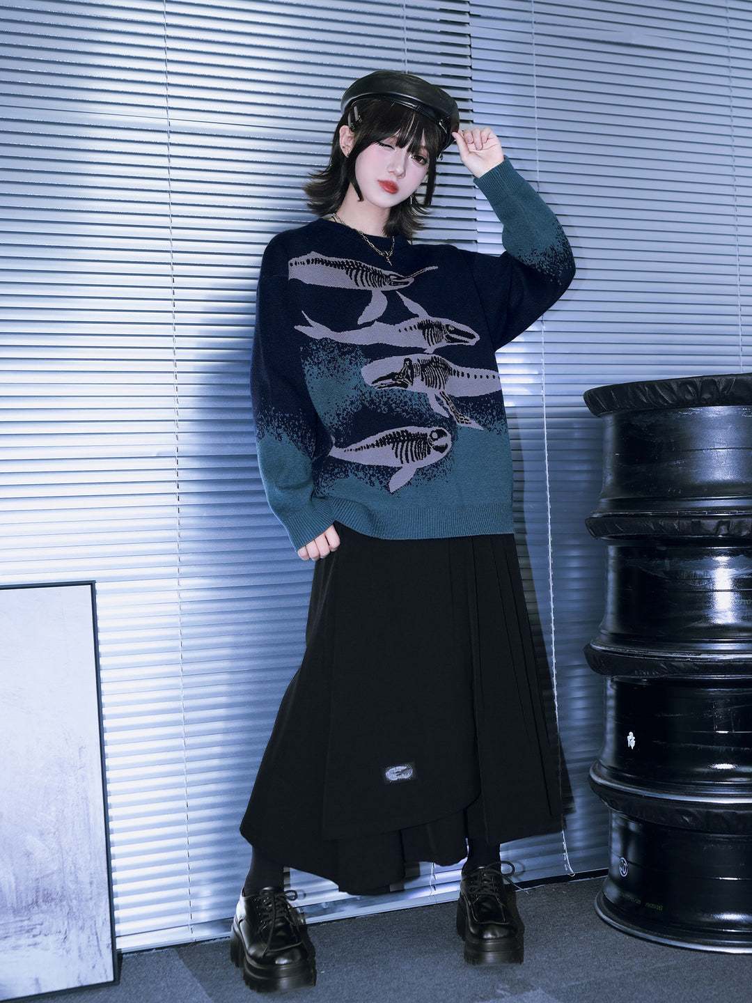 Black Whale Patch Layered Pleated Maxi Skirt