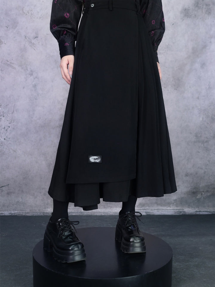 Black Whale Patch Layered Pleated Maxi Skirt