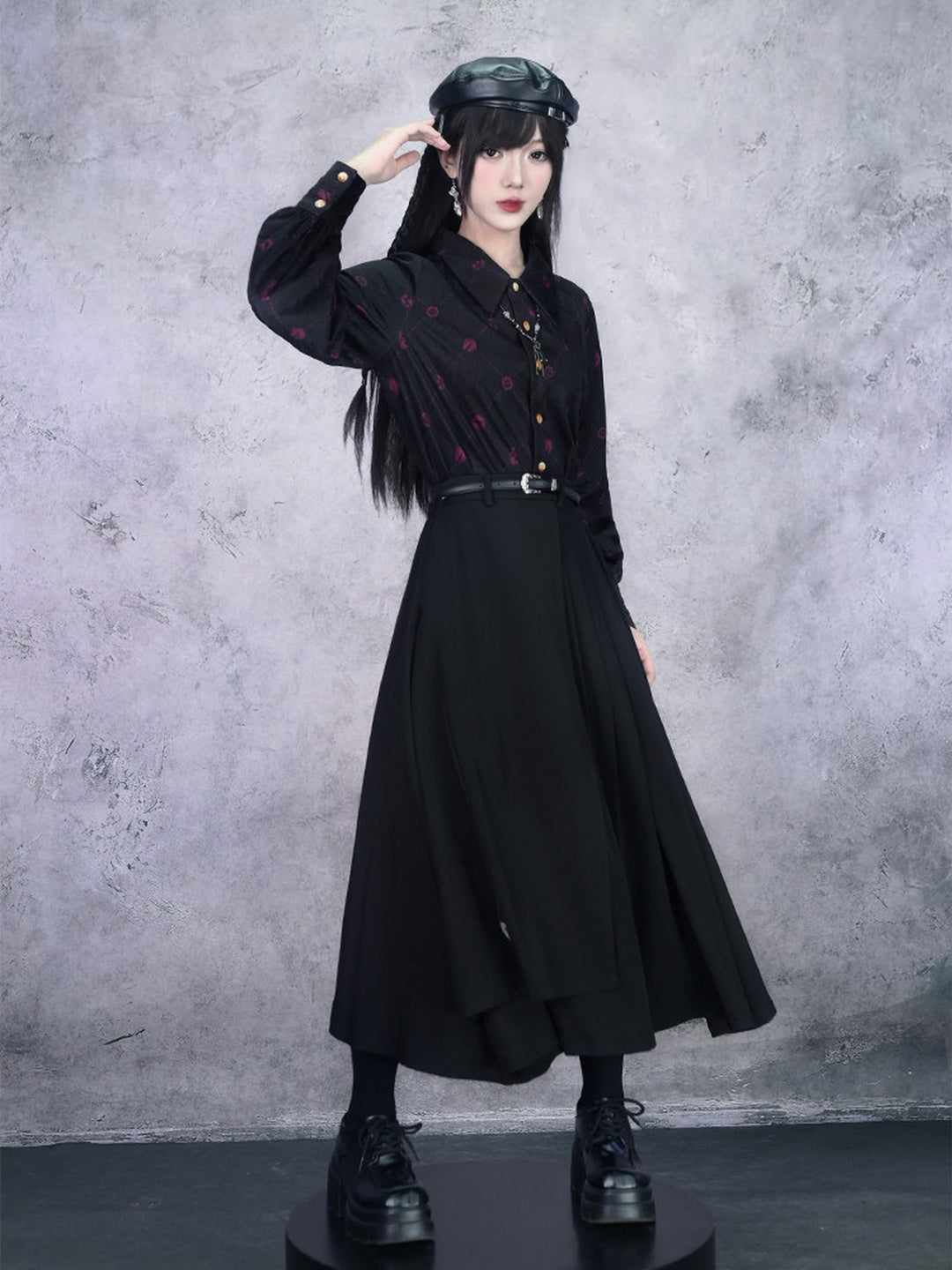 Black Whale Patch Layered Pleated Maxi Skirt