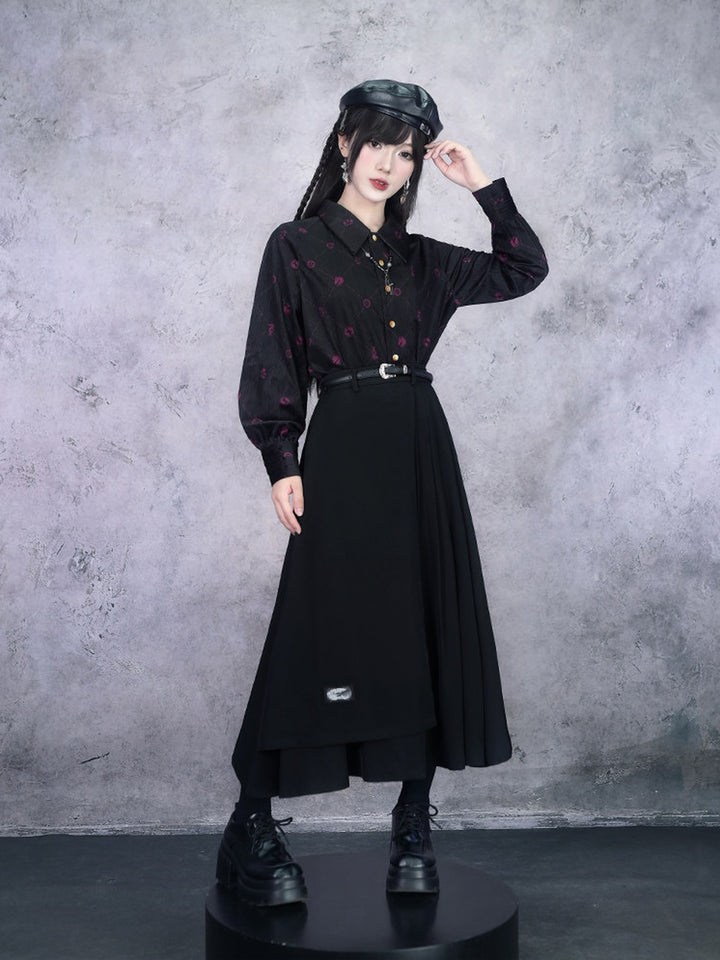 Black Whale Patch Layered Pleated Maxi Skirt