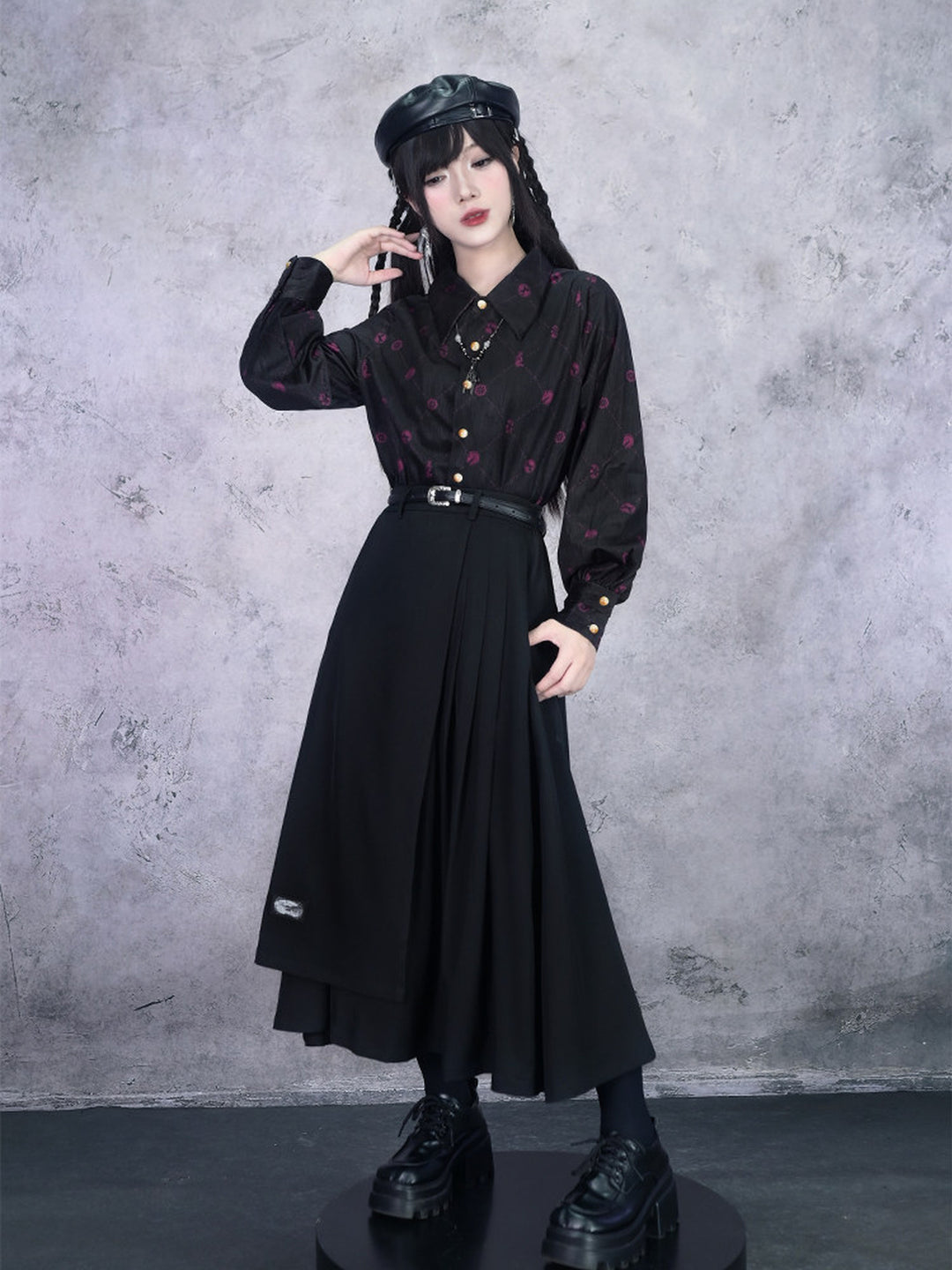 Black Whale Patch Layered Pleated Maxi Skirt