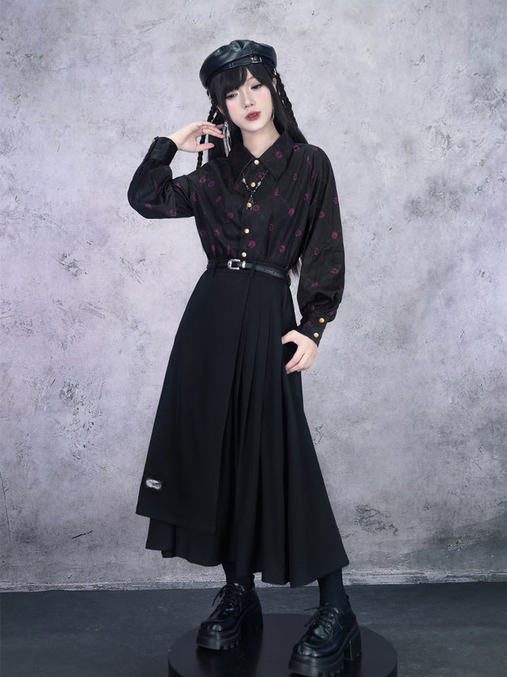 Black Whale Patch Layered Pleated Maxi Skirt