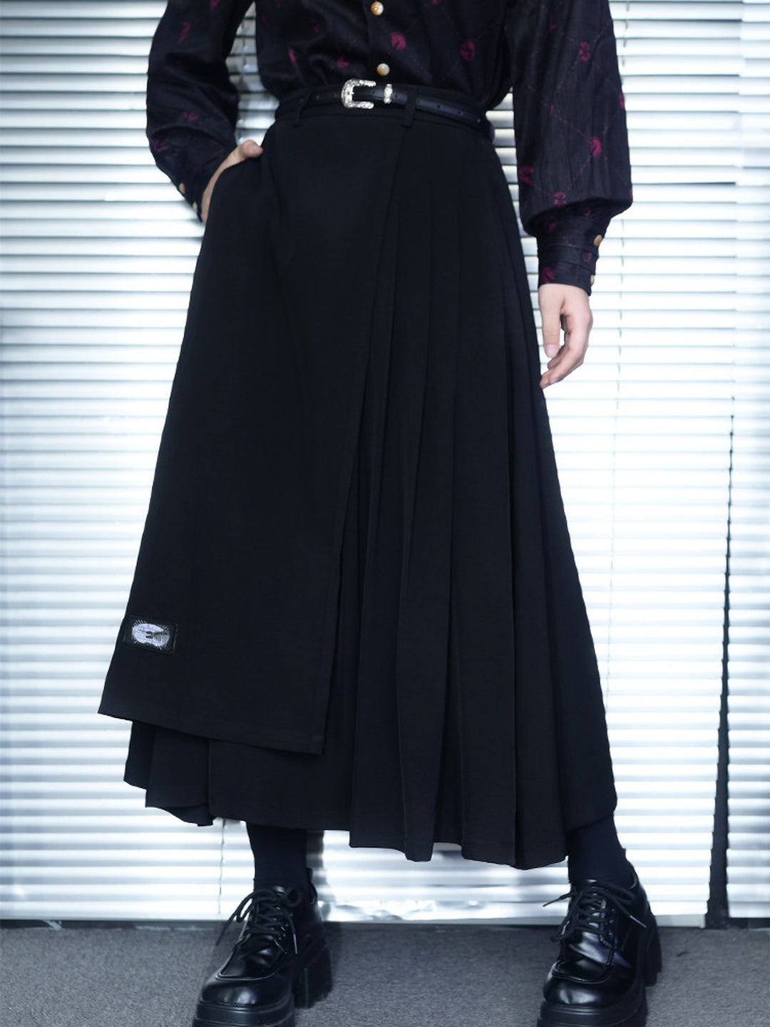 Black Whale Patch Layered Pleated Maxi Skirt