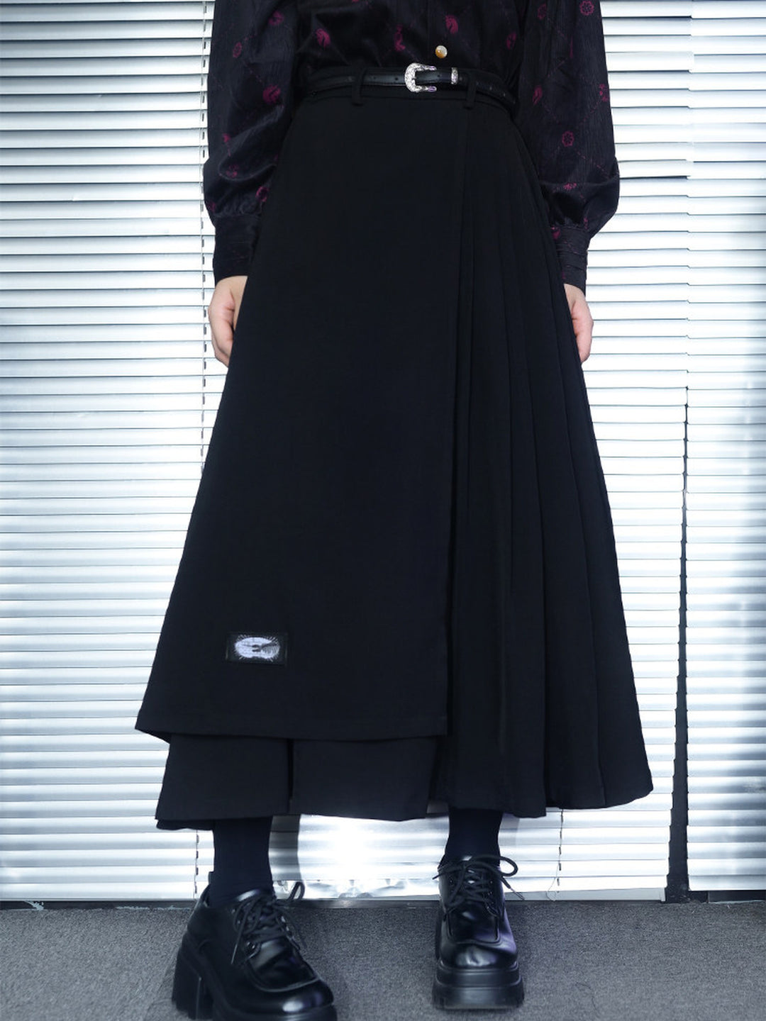 Black Whale Patch Layered Pleated Maxi Skirt