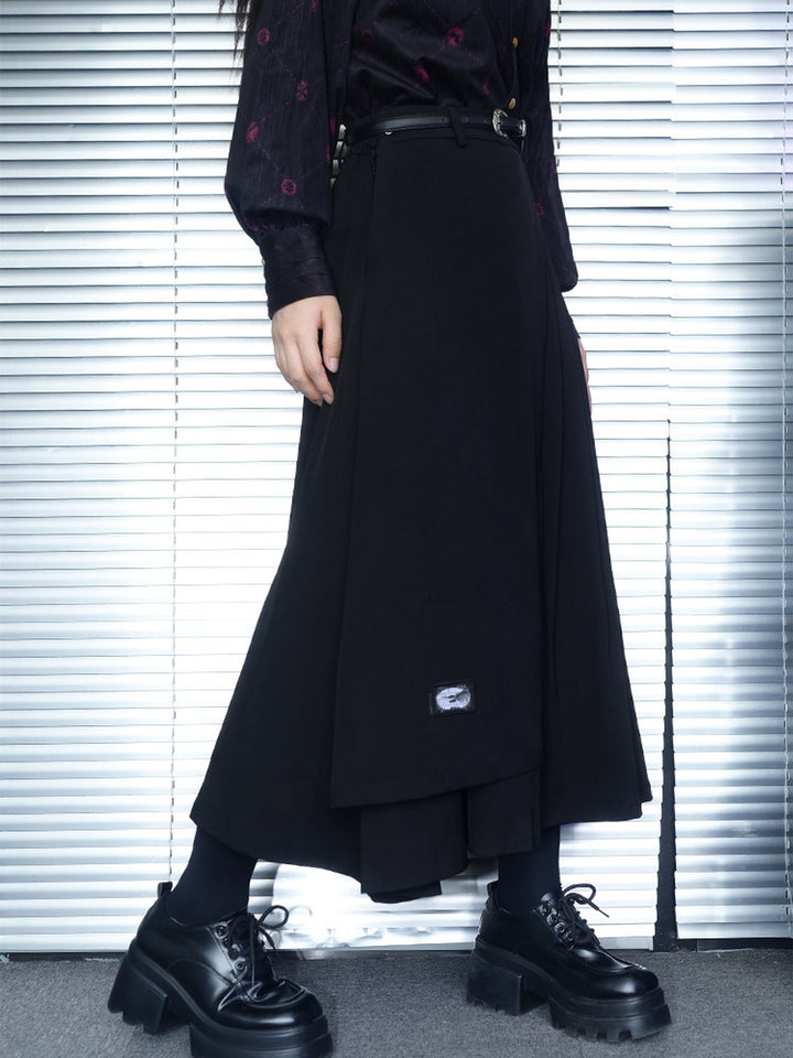 Black Whale Patch Layered Pleated Maxi Skirt
