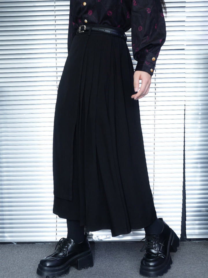 Black Whale Patch Layered Pleated Maxi Skirt