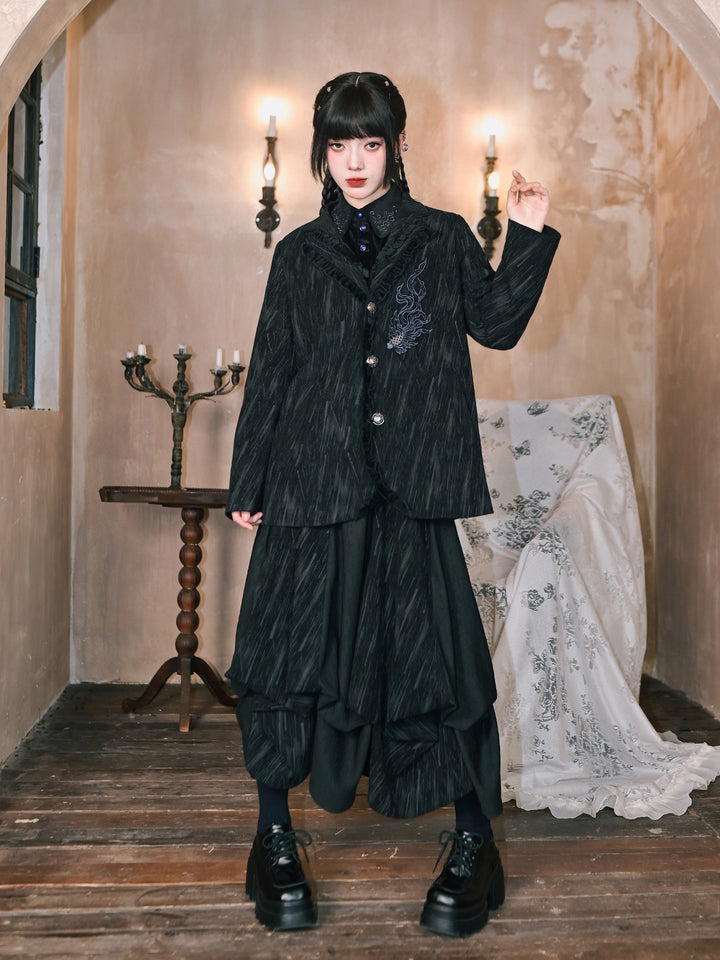 Black Fish Embroidered Ruffle-Trim Corduroy Blazer
