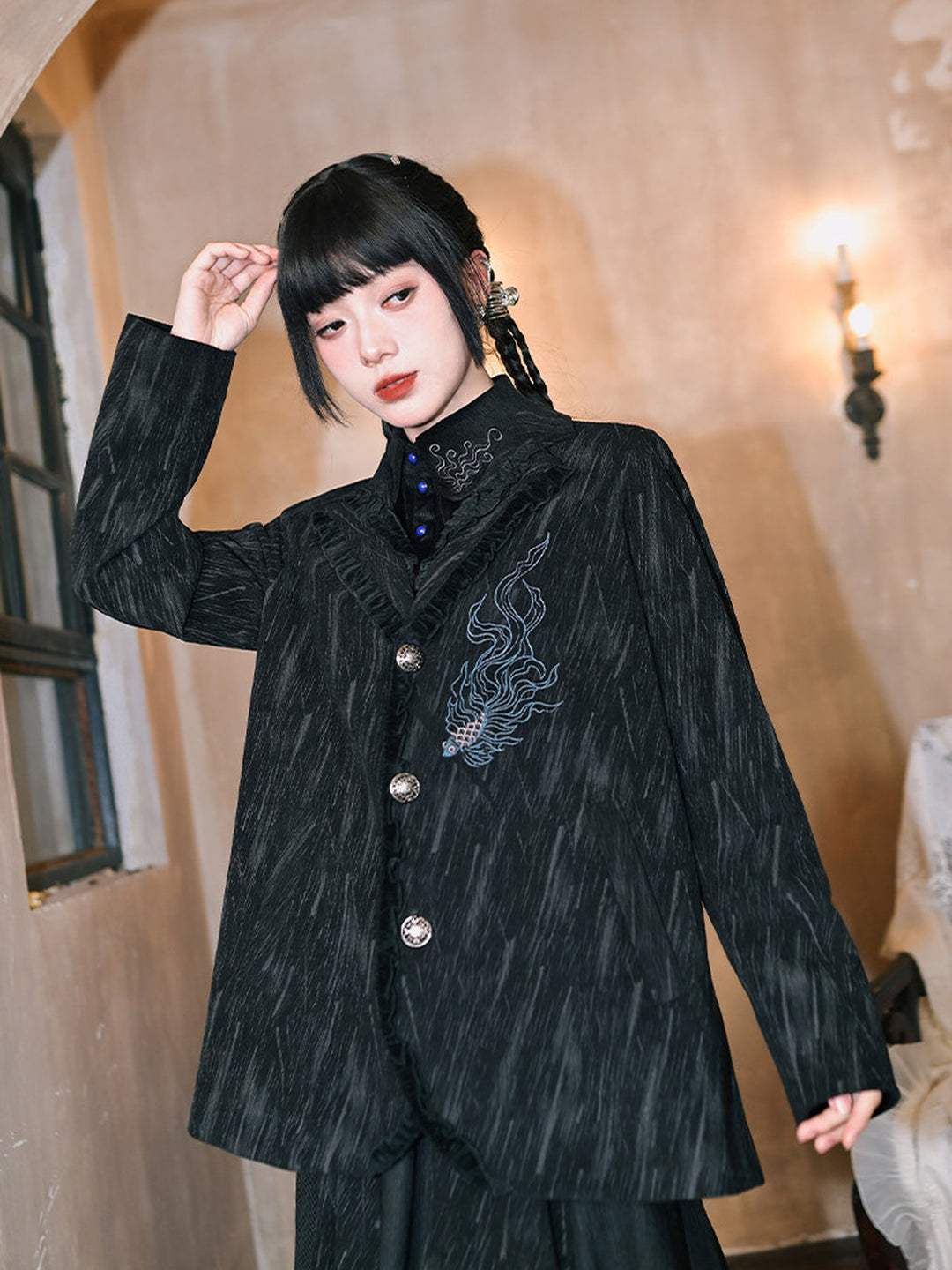 Black Fish Embroidered Ruffle-Trim Corduroy Blazer