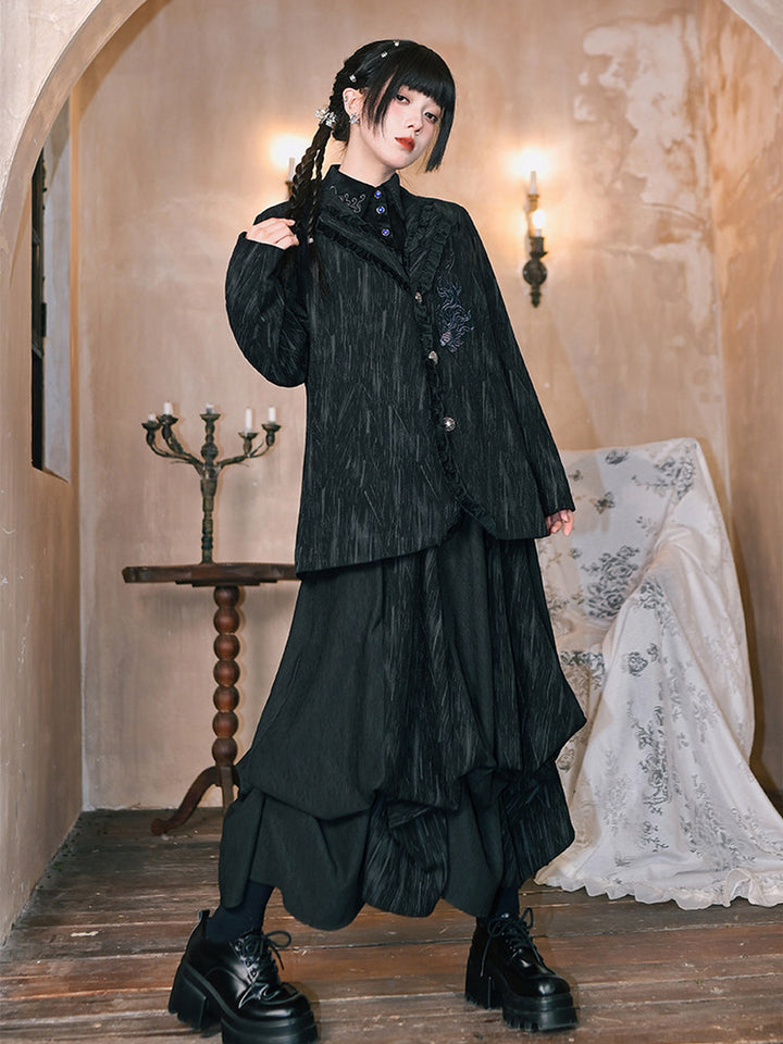 Black Fish Embroidered Ruffle-Trim Corduroy Blazer