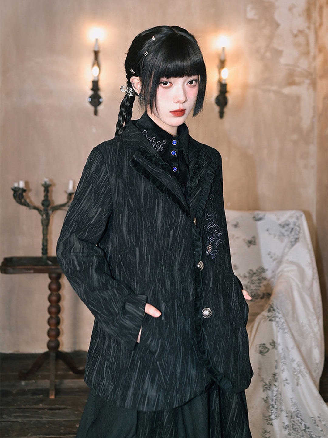 Black Fish Embroidered Ruffle-Trim Corduroy Blazer