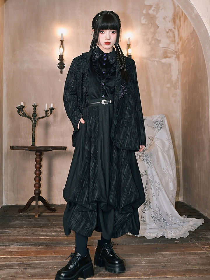 Black Fish Embroidered Ruffle-Trim Corduroy Blazer
