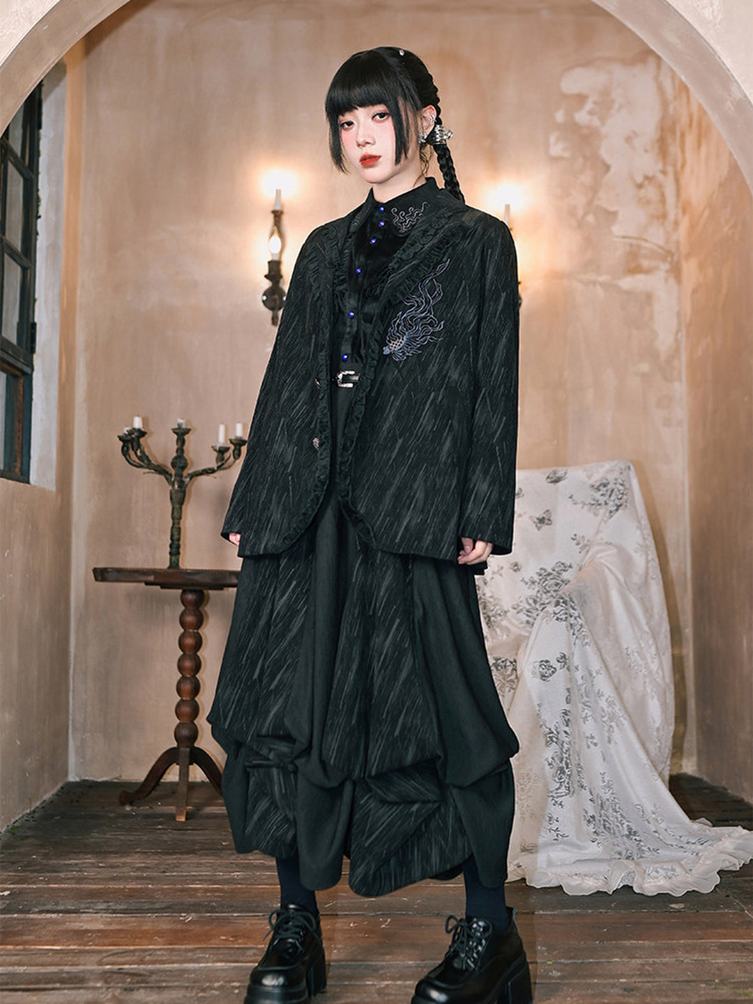 Black Fish Embroidered Ruffle-Trim Corduroy Blazer