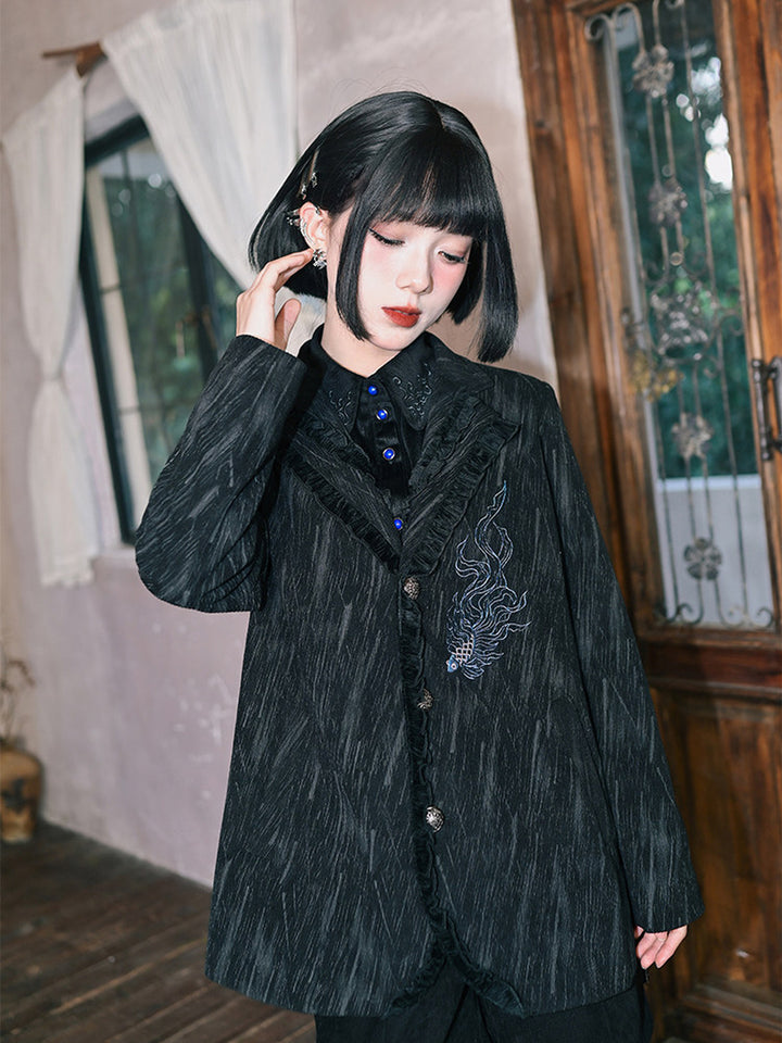 Black Fish Embroidered Ruffle-Trim Corduroy Blazer