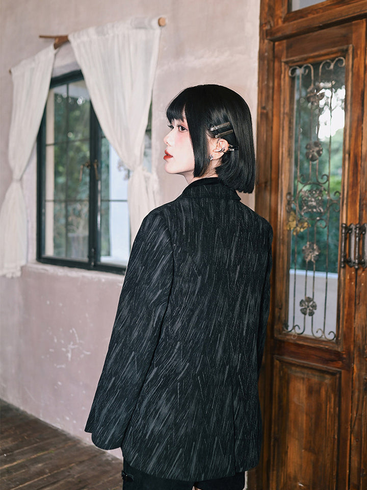 Black Fish Embroidered Ruffle-Trim Corduroy Blazer